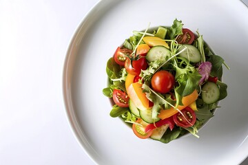 Wall Mural - A stunning, close-up photograph of a delectable vegetable salad in a white dish