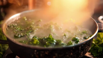 Wall Mural - Fresh kale simmering on stovetop releases steam, adding nutrients and flavor to homemade meal. A staple in vegetarian diets, it provides vitamins and antioxidants for a healthy lifestyle