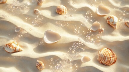 seashells on sandy beach with sparkling light