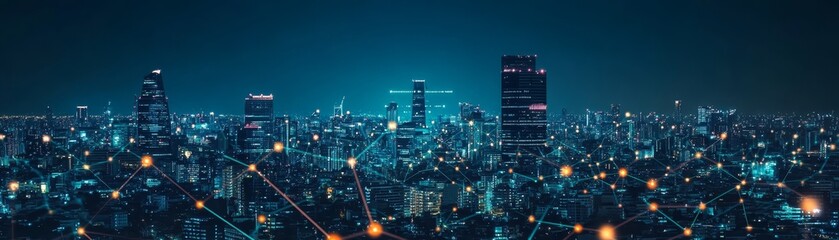 Night Cityscape with Futuristic Network Connection Lights