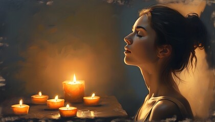 Wall Mural - Tranquil meditation scene featuring a peaceful woman with closed eyes, softly illuminated by candlelight, embodying serenity and mindfulness.