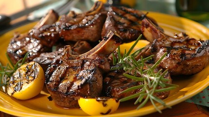 Wall Mural - In a restaurant grilled chops of lamb with fruit served on a yellow dish