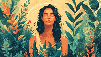 Serene illustration of a woman meditating among stylized plants, embodying the essence of guided meditation and inner peace