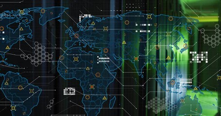 Wall Mural - World map with data points and network connections animation over green-lit server room