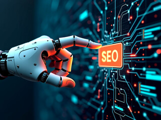 Futuristic Robotic Hand Touching SEO Icon - Digital Marketing Concept