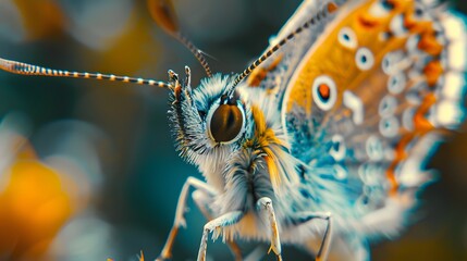 Wall Mural - Closeup of a Blue and Orange Butterfly with a Fuzzy Face