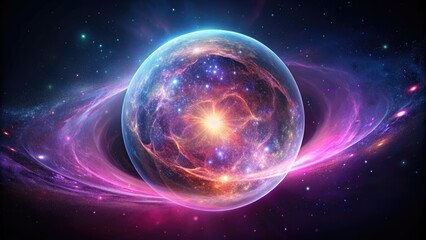 Cosmic energy sphere with swirling pink galaxy inside emitting magical particles in space, Cosmos