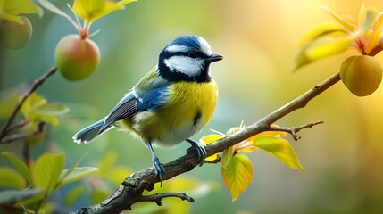 Wall Mural - Blue Tit Perched on Branch with Green Fruit