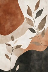 Wall Mural - A modern illustration with earthy tones, abstract posters, and boho prints with leaves and abstract shapes