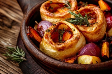 A close-up of savory pastry rolls with roasted vegetables and herbs in a wooden bowl.