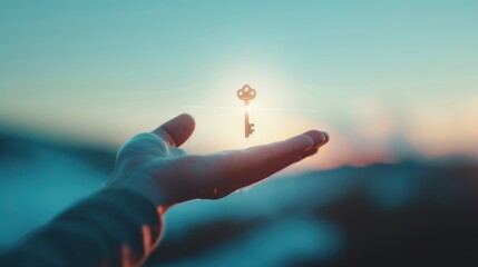 a businessman's hand holding out a key with a shining light at the end, symbolizing unlocking opport