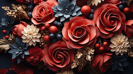 Wall Mural - lower red burgundy navy blue rose green leaves