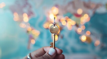 Wall Mural - A person holding a key with a blurred map in the background, symbolizing global achievements and success in international ventures.