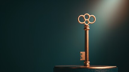 Wall Mural - A key placed on a pedestal under a spotlight, symbolizing recognition and celebration of personal achievements and successes.