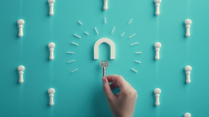 Wall Mural - Close-up of a hand placing a key into a keyhole surrounded by motivational quotes, emphasizing the importance of a positive mindset in achieving success.