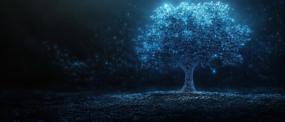 Wall Mural - Digital Tree of Knowledge: Glowing Binary Code Tree in a Dark, Mystical Environment