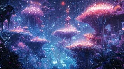 Wall Mural - A mesmerizing fantasy landscape filled with ethereal, luminescent plants and mushroom-like structures. The scene is bathed in rich shades of blue and purple, with glowing pink and white light emanatin