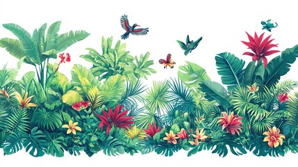 Wall Mural - Tropical Rainforest Border with Birds and Butterflies