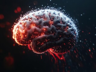 Wall Mural - Futuristic Digital Brain with Glowing Neural Connections and Data Particles in a Dark Background