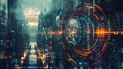 Wall Mural - Futuristic Cityscape with Digital Interface
