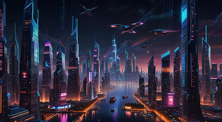 A futuristic cityscape with towering skyscrapers, neon lights, and flying vehicles. The scene is set at night with glowing holographic ads and a high-tech skyline, showcasing a vibrant sci-fi 