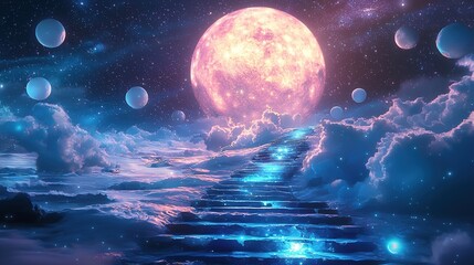 Wall Mural - A surreal, dreamy landscape showing a staircase made of glowing blue steps leading into a celestial scene. The background consists of a large, radiant full moon in shades of pink and orange, partially