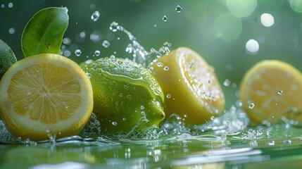 Wall Mural - lemonade Splashing on Green lemon fruit isolated on Green background 