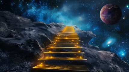 Wall Mural - An illuminated staircase carved into a rocky moon leads the viewer's eye towards distant, glowing planets. The contrast between the dark lunar surface and the vibrant celestial objects evokes a sense