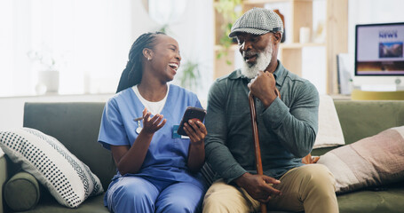 Poster - Home, senior man and nurse with phone, laughing and happy for help, healthcare and friends with patient. Living room, joke and wellness of old person, walking stick and support of caregiver in house