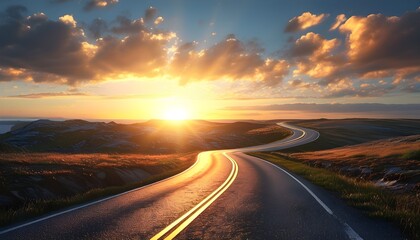 Wall Mural - Winding road toward a bright horizon symbolizing the journey and challenges on the path to success in motivational and business themes