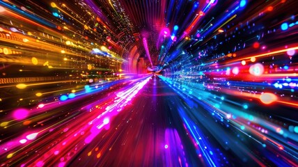 Wall Mural - Light speed burst with blue and orange streaks. Dynamic motion of glowing particles in a digital tunnel. Technology and sci-fi concept. Glowing light pathway with digital code. Digital portal. AIG53.