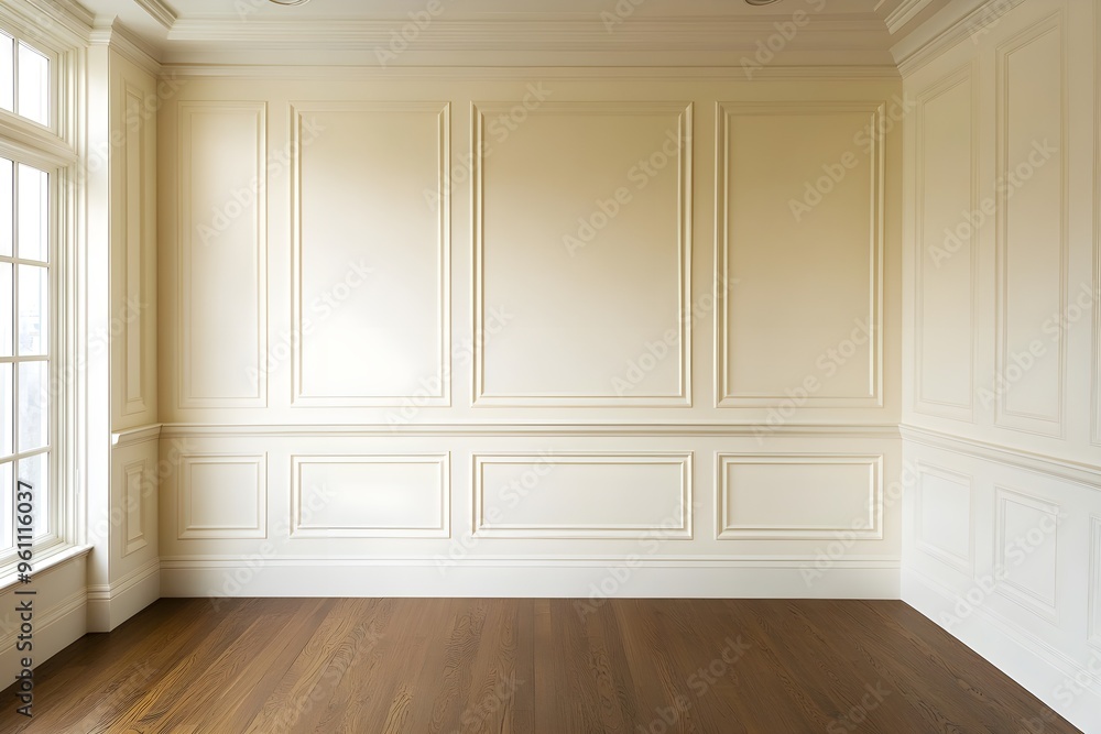 Foto de Stock Elegant Minimalist White Wainscoting Wall with Wooden ...