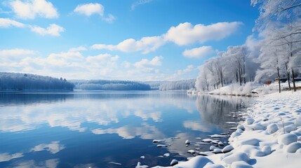 Summer landscape with blue cloudy sky reflection