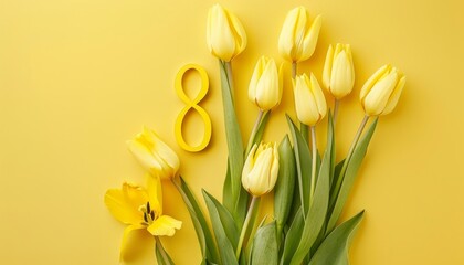 Wall Mural - Bright and Beautiful: International Women's Day Greeting Card with Paper Cut Eight and Yellow Tulips