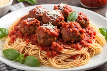 Spaghetti and meatballs with marinara sauce and grated parmesan cheese, AI Generated