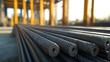 ©  AugmentArt - Products arranged for customer delivery featuring deformed steel and rebar Background includes metal surfaces with reinforced concrete and various steel bars