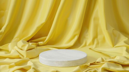 Poster - Empty white podium on yellow fabric background for cosmetic product display. Mockup with concrete circle and space for text.