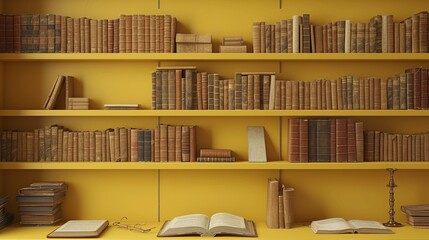 A collection of vintage books is meticulously arranged on yellow shelves, creating a visually pleasing composition that highlights the timeless nature of knowledge and the beauty of well-preserved