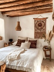 Wall Mural - Rustic home design with ethnic boho decoration. Bed with pillows, wooden furniture