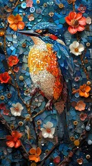 Wall Mural - A vibrant kingfisher perched on a branch amidst a mosaic of colorful flowers.