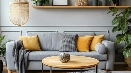 Wall Mural - The stylish boho interior of sitting room in cozy apartment with design coffee table, gray sofa, honey yellow pillows, plaid, wooden shelf, plants and elegant personal accessories. Mock up paintings