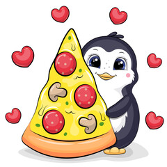 Cute cartoon penguin with a big piece of pizza. Vector illustration of animal on a white background with red hearts.