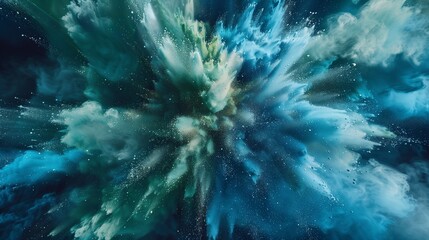 An explosion of blue and green powder mixed together, forming a dynamic abstract pattern