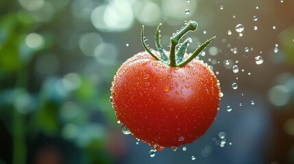 Fresh Red Tomato with Water Drops   Organic  Juicy  Healthy  Nature  Food