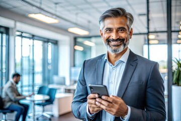 Confident businessman holding phone in modern office