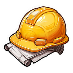 Yellow construction helmet with blueprints, symbolizing safety and planning