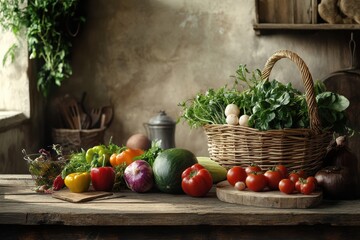 Wall Mural - A rustic kitchen scene featuring fresh vegetables and herbs in a woven basket.