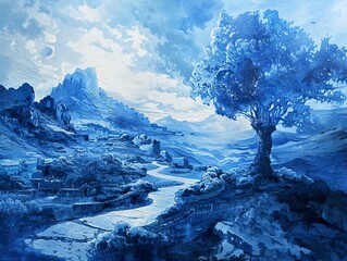 A serene blue landscape with a winding river flowing through a valley, passing by a village and towards a solitary tree in the distance.