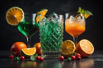 Glasses of sangria with fruits and berries on solid color background. ai generative