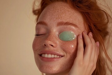 Young woman with green eye patches on her face, isolated against a beige background. Close-up portrait of a ginger-haired girl wearing a T-shirt and looking away while smiling, applying a cosmetic gel